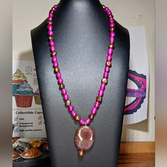 Tahitian Baroque Freshwater Purple Color Pearl 23" Necklace Oval Stone Pendant - Picture 4 of 13